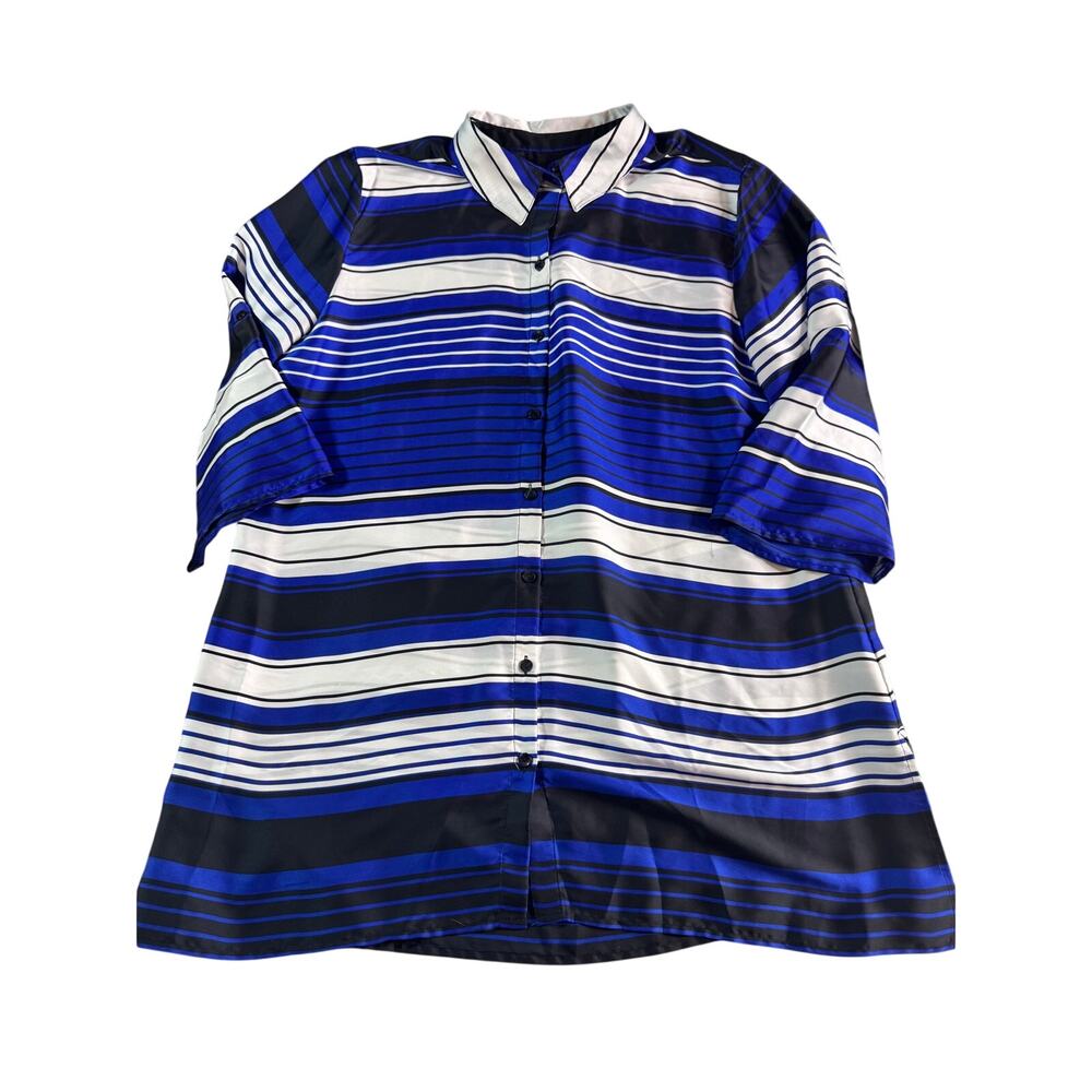 Chico's Size 3 (XL) Tunic Blouse Blue Black White Stripe Button Front Shirt